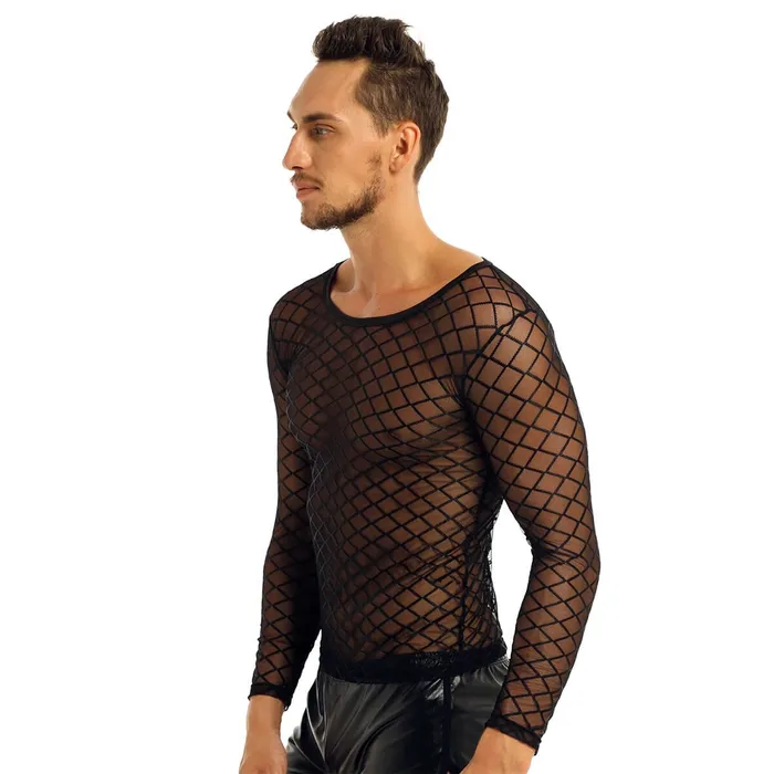 EVEs SECRETS Sexy Transparent Mens Clothing TightFitting TShirt With Long Sleeve Male Erotic Outfits Male Sex Toys