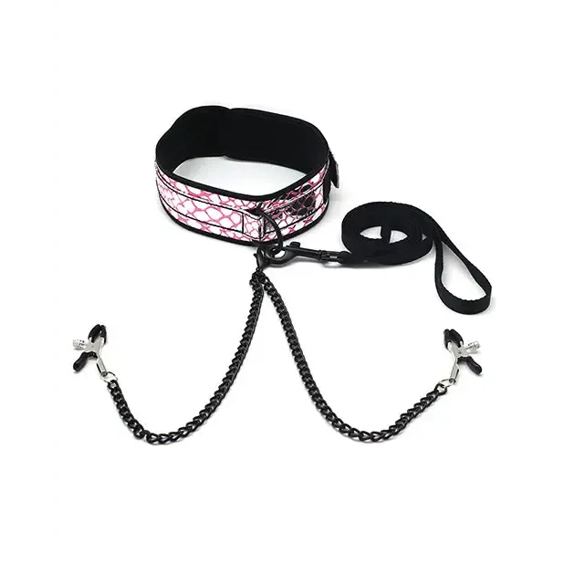Couples Collar W Nipple Clamps Faux Leather Pink Spartacus Couples Collar W Nipple Clamps Faux Leather Pink Spartacus