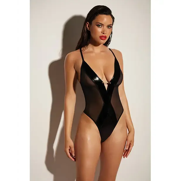Oh L L Chri Finesse Soft Cup Open Back Vinyl and Mesh Teddy with Barbell Trim SM Oh La La Cheri Male Sex Toys Oh L L Chri Finesse Soft Cup Open Back Vinyl and Mesh Teddy with Barbell Trim SM Oh La La Cheri Male Sex Toys