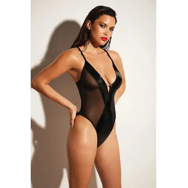 Oh L L Chri Finesse Soft Cup Open Back Vinyl and Mesh Teddy with Barbell Trim SM Oh La La Cheri Male Sex Toys Oh L L Chri Finesse Soft Cup Open Back Vinyl and Mesh Teddy with Barbell Trim SM Oh La La Cheri Male Sex Toys