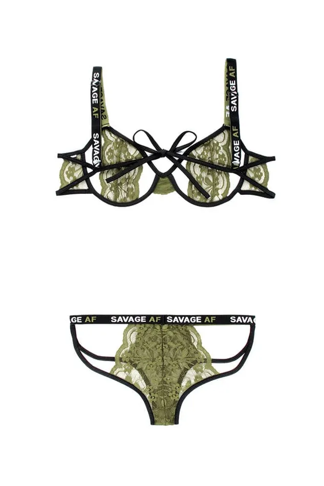 Fantasy Lingerie Fantasy Lingerie Vibes Savage AF Cutout Bra Caged Panty OliveBlack Vibrators